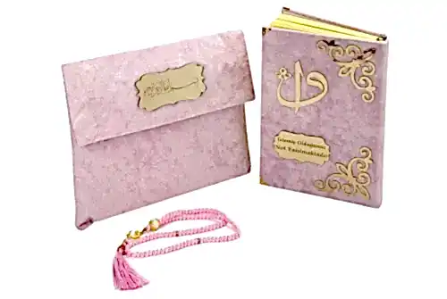 İsme Özel Pleksi Desenli Kadife Kaplı Keseli Tesbihli Hediyelik Orta Arapça Kuranı Kerim Pembe 