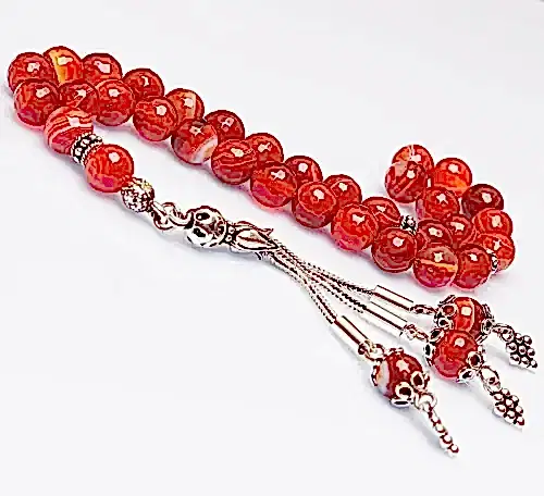 Gerçek Damarlı Kırmızı Akik Taşı Tesbih-Faset Kesim Tesbih-Gümüş Malzemeli Tesbih-33'lük Tesbih-Orijinal Doğal Taş Tesbih - 1