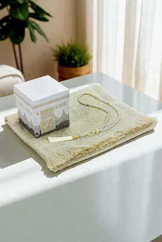 Kabe Desenli Özel Kutulu Seccade Tesbih Mevlüt Seti Beyaz 