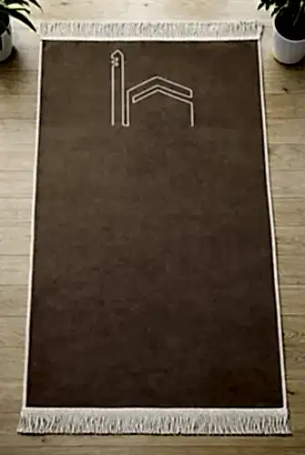 Kabe İşlemeli Lüks Kadife Seccade - Çeyizlik, Hac ve Umre Hediyelik Namazlık - Bej 