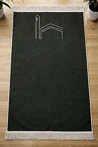 Kabe İşlemeli Lüks Kadife Seccade - Çeyizlik, Hac ve Umre Hediyelik Namazlık - Haki Yeşil 