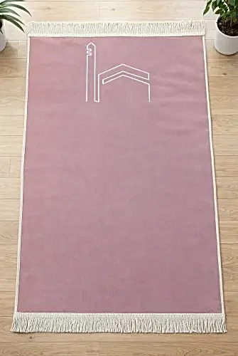 Kabe İşlemeli Lüks Kadife Seccade - Çeyizlik, Hac ve Umre Hediyelik Namazlık - Pembe 