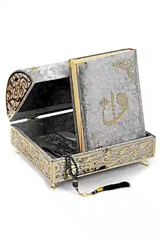 Kadife Kaplı Define Sandıklı Kuranı Kerim Seti Gri - 1