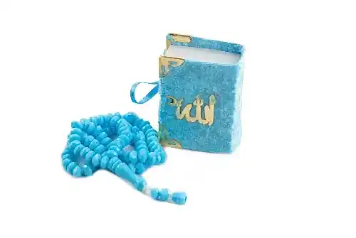 Kadife Kaplı Mini Kuran Kutulu - Tesbihli - Mavi - ihvanonline (1)