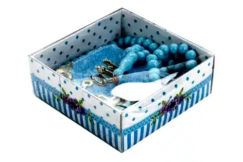 Kadife Kaplı Mini Kuran Kutulu - Tesbihli - Mavi - İhvan (1)