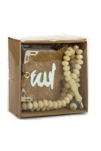 Kadife Kaplı Mini Kuran Kutulu - Tesbihli - Pleksili - Gold - 1