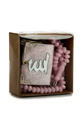 Kadife Kaplı Mini Kuran Kutulu - Tesbihli - Pleksili - Pembe 