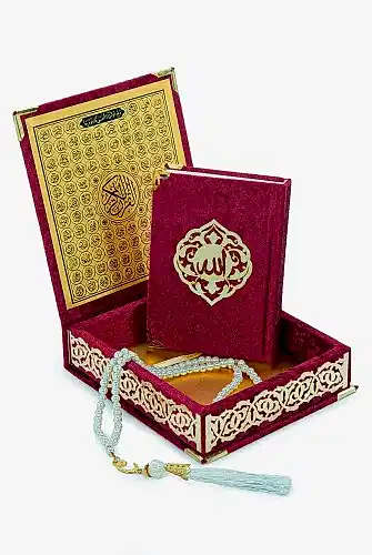 Kadife Kaplı Sandıklı Cep Boy Hediyelik Kuranı Kerim Seti - Bordo - 1