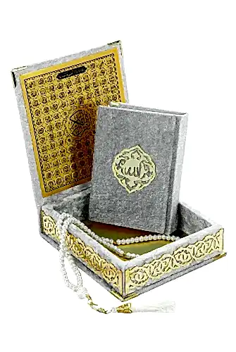 Kadife Kaplı Sandıklı Cep Boy Hediyelik Kuranı Kerim Seti - Gri 
