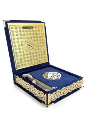 Kadife Kaplı Sandıklı Cep Boy Hediyelik Kuranı Kerim Seti - Lacivert 
