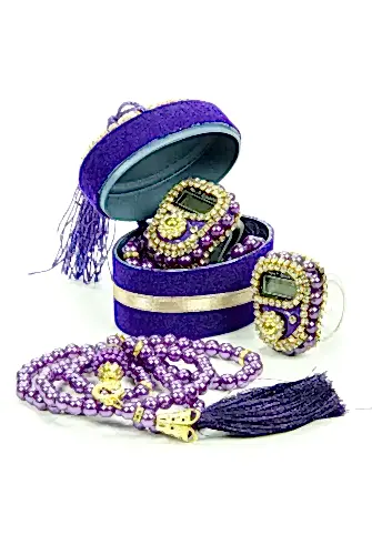 Kadife Kutulu Zikirmatik ve İnci Tesbihli Mevlüt Hediye Seti Mor - 1