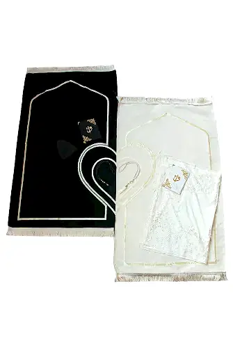 Kadife Sandıklı Damat Gelin Bohçasına Uygun Çeyizlik Kalpli Çift Seccade Seti - ihvanonline (1)