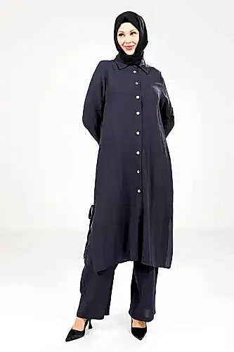 Kadın Düğmeli İkili Hac ve Umre Kıyafeti Lacivert 9281-25 - 1