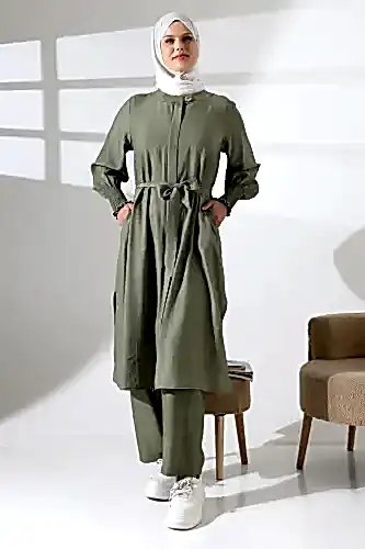 Kadın Gizli Fermuarlı Yandan Yırtmaçlı Gipeli Hac Umre Kıyafeti Tesettür İkili Takım Haki 