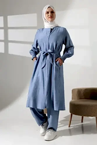 Kadın Gizli Fermuarlı Yandan Yırtmaçlı Gipeli Hac Umre Kıyafeti Tesettür İkili Takım Mavi - 1