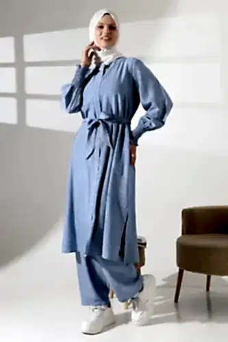 Kadın Gizli Fermuarlı Yandan Yırtmaçlı Gipeli Hac Umre Kıyafeti Tesettür İkili Takım Mavi - ihvanonline (1)