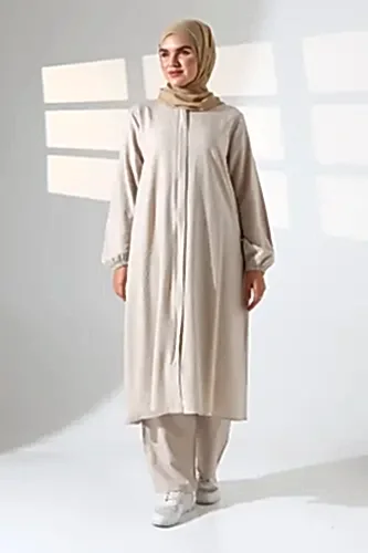 Kadın Hac ve Umre Kıyafeti Kraşlı Tesettür İkili Takım - Krem 