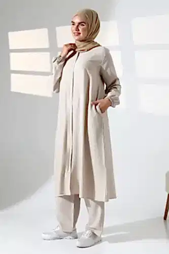 Kadın Hac ve Umre Kıyafeti Kraşlı Tesettür İkili Takım - Krem - ihvanonline (1)