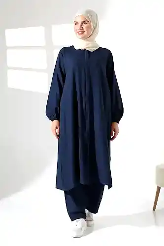 Kadın Hac ve Umre Kıyafeti Kraşlı Tesettür İkili Takım - Lacivert 