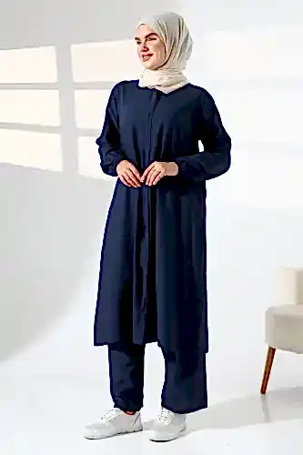 Kadın Hac ve Umre Kıyafeti Kraşlı Tesettür İkili Takım - Lacivert - ihvanonline (1)