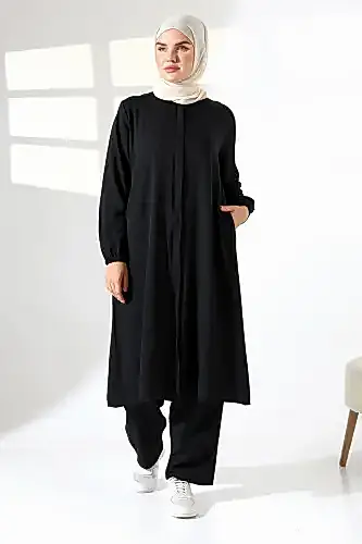 Kadın Hac ve Umre Kıyafeti Kraşlı Tesettür İkili Takım - Siyah - 1