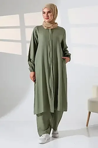 Kadın Hac ve Umre Kıyafeti Kraşlı Tesettür İkili Takım - Yeşil 