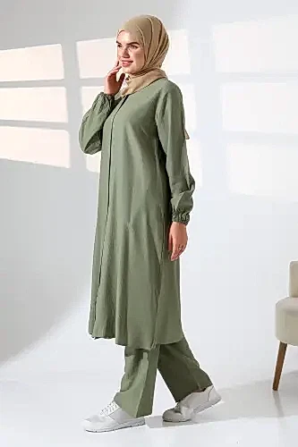 Kadın Hac ve Umre Kıyafeti Kraşlı Tesettür İkili Takım - Yeşil - ihvanonline (1)
