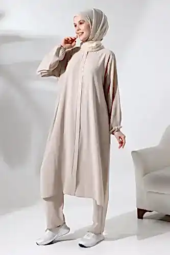 Kadın Hac ve Umre Kıyafeti Tesettür İkili Takım Krem - 5