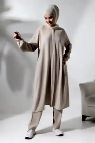 Kadın Hac ve Umre Kıyafeti Tesettür İkili Takım Krem - 4