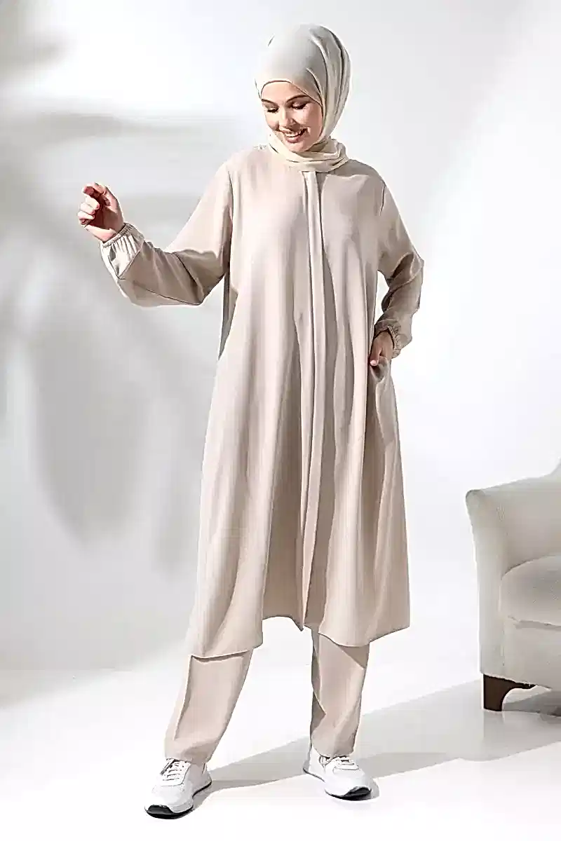 Kadın Hac ve Umre Kıyafeti Tesettür İkili Takım Krem - 4