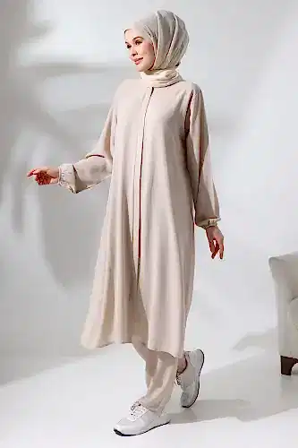 Kadın Hac ve Umre Kıyafeti Tesettür İkili Takım Krem - 1
