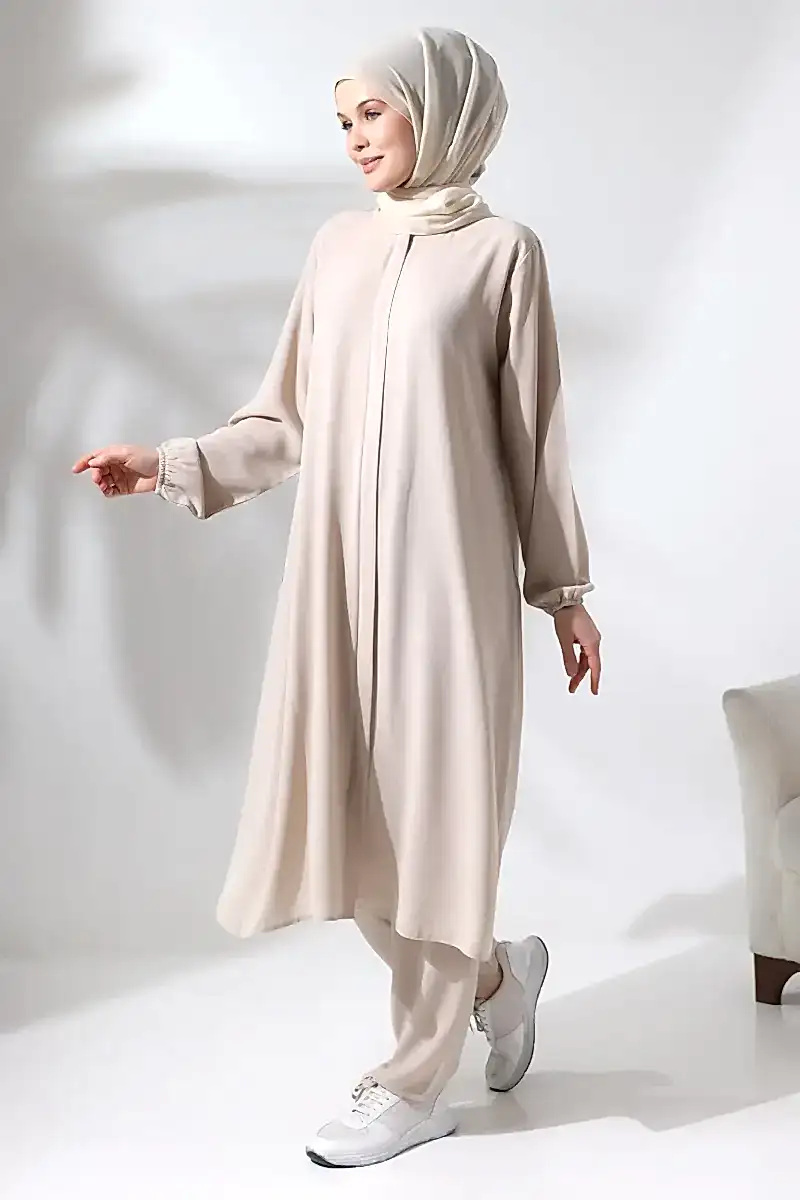 Kadın Hac ve Umre Kıyafeti Tesettür İkili Takım Krem - 1