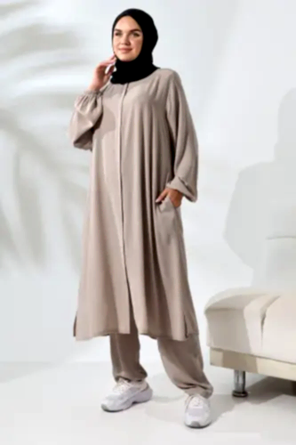Kadın Medine İpeği Hac Umre Kıyafeti Tesettür İkili Takım - Açık Vizon 