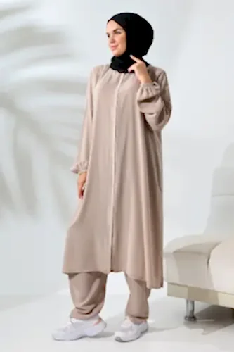 Kadın Medine İpeği Hac Umre Kıyafeti Tesettür İkili Takım - Açık Vizon - ihvanonline (1)