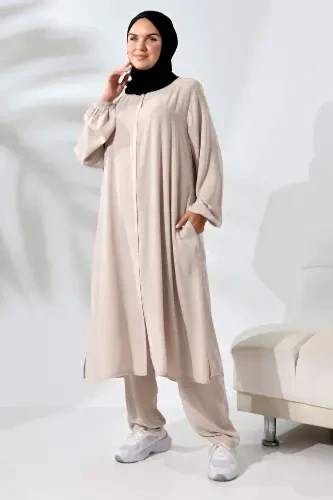 Kadın Medine İpeği Hac Umre Kıyafeti Tesettür İkili Takım - Krem 