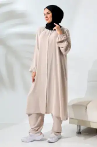 Kadın Medine İpeği Hac Umre Kıyafeti Tesettür İkili Takım - Krem - ihvanonline (1)