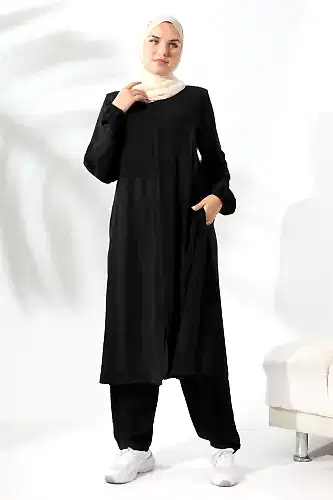 Kadın Medine İpeği Hac Umre Kıyafeti Tesettür İkili Takım - Siyah 