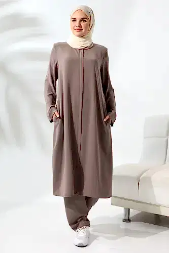 Kadın Medine İpeği Hac Umre Kıyafeti Tesettür İkili Takım - Sütlü Kahve 