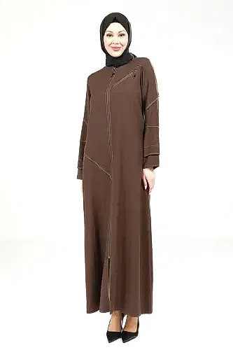 Kahve Tensel Kot Fermuarlı Yuvarlak Yaka Spor Tesettür Ferace 9200-25 - Beyza (1)