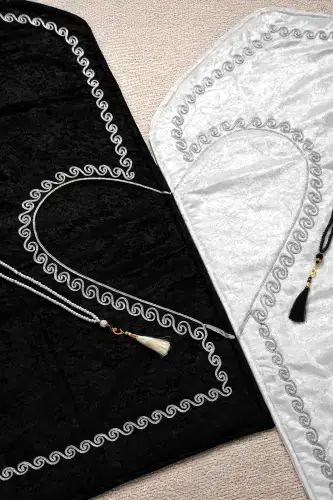 Kalpli Seccade Eşli Çift Seccadesi Hediyelik Gelin Damat Bohçası Çeyizlik Seccade Seti - Gri - ihvanonline (1)