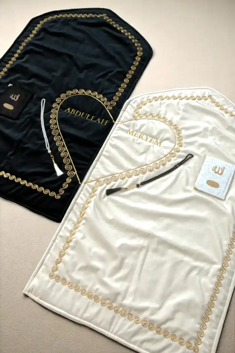 Kişiye Özel İsimli Kalpli Seccade Gelin Damat Bohçası Çift Seccadesi Tesbihli Çeyizlik Hediyelik Set - 2