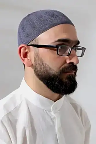 Koyu Gri Safir Dantel Detaylı Örme Namaz Takkesi - ihvanonline (1)