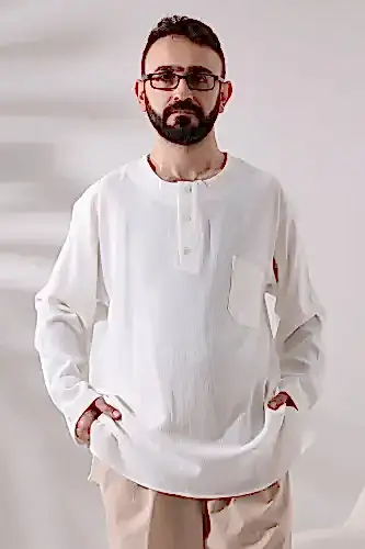 Krem Erkek Rahat Kesim 3 Düğmeli Sıfır Yaka Hac ve Umre Şile Bezi Gömlek 