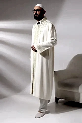 Krem Hakim Yaka Erkek Namaz Elbisesi Şerit Nakış İşlemeli İmam Cübbesi - ihvanonline (1)