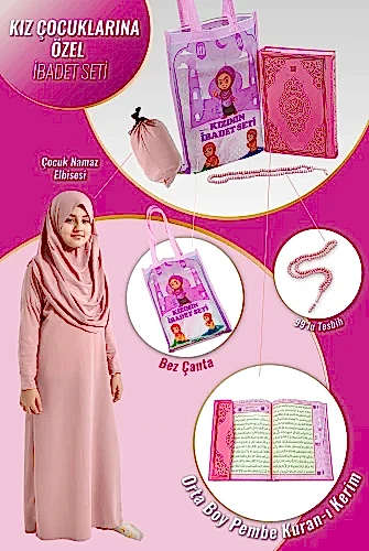Kuran Kursları İçin Çantalı Kız Çocuk Namaz Elbisesi, Kuranı Kerim, Tesbih İbadet Seti Pembe - 1