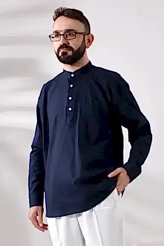 Lacivert Erkek Rahat Kesim 3 Düğmeli Hakim Yaka Hac ve Umre Keten Gömlek - 2