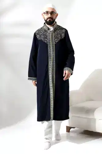 Lacivert Hakim Yaka Erkek Namaz Elbisesi Şerit Nakış İşlemeli İmam Cübbesi - 1