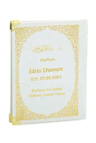 50 Adet İsim Baskılı Ayet-el Kürsi Desenli Yaldızlı Deri Ciltli Çanta Boy Yasin Kitabı Mevlüt Hediyesi 128 Sayfa Beyaz - ihvanonline (1)