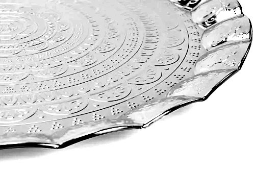 Lüks Sac Yuvarlak Dekoratif Kahve ve Çay Sunum Servis Tepsisi Gümüş Renk - Busem Hediyelik (1)