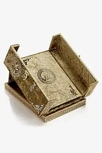 Masa Üstü Çift Kapaklı Kadife Kaplı Sandıklı Kuran Seti - Gold 
